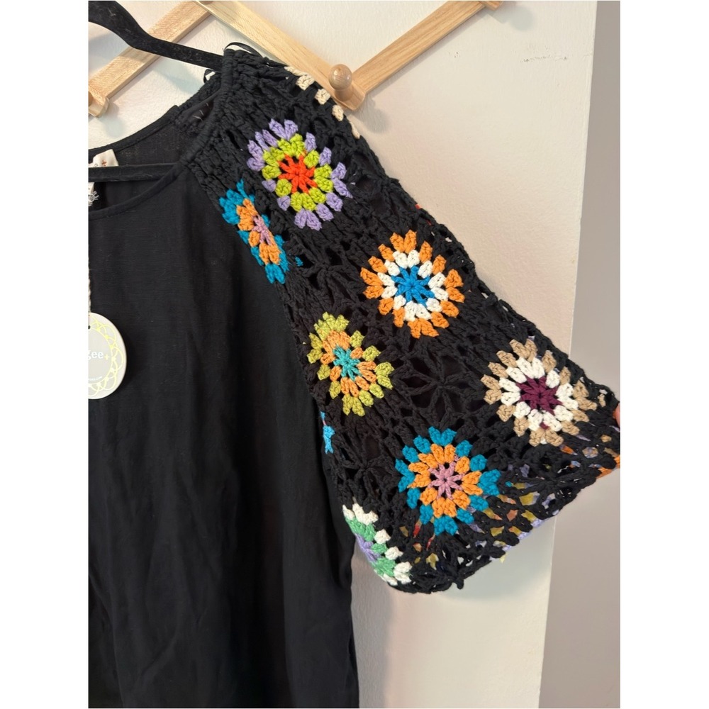 Umgee Granny Square Crochet Sleeve Top 1XL Black Boho Grandmacore - Picture 3 of 7